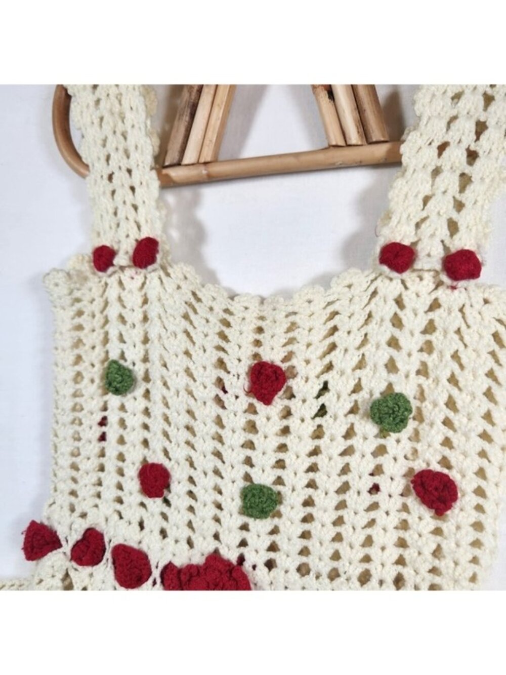 Vintage Handmade Crochet Cherry Strawberry Pinafore Dress Cream Girls Small - Picture 2 of 5